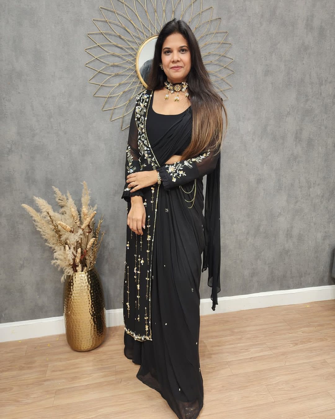 Black Indowestern lehenga saree for wedding Readymade Indian saree