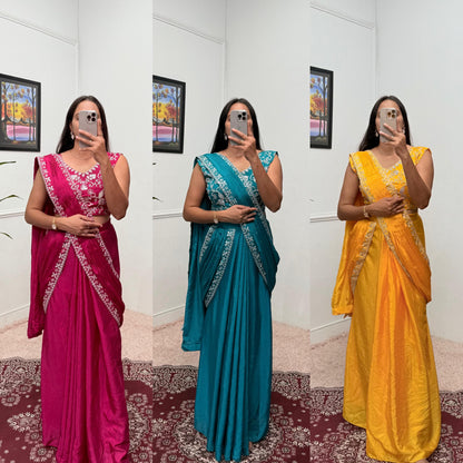 Indowestern pre draped wedding wear Readymade Indian saree with stitched blouse