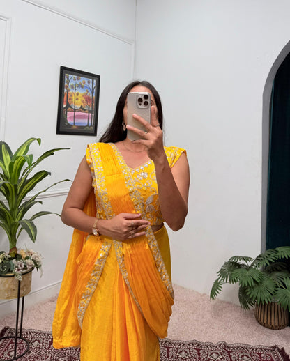 Indowestern pre draped wedding wear Readymade Indian saree with stitched blouse
