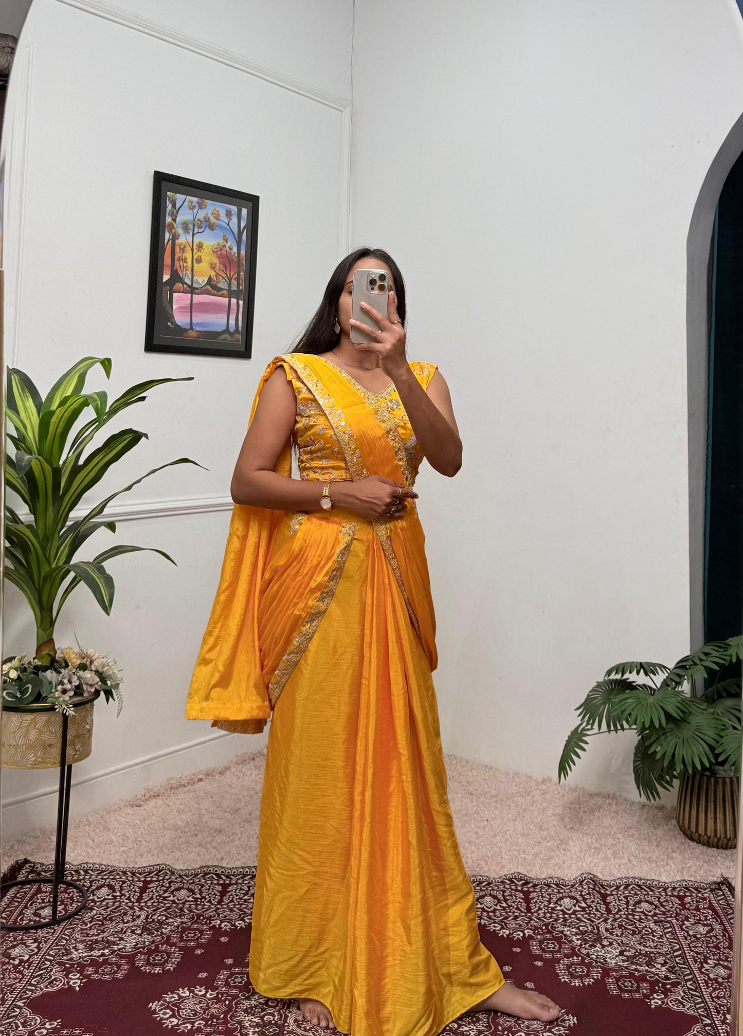 Indowestern pre draped wedding wear Readymade Indian saree with stitched blouse