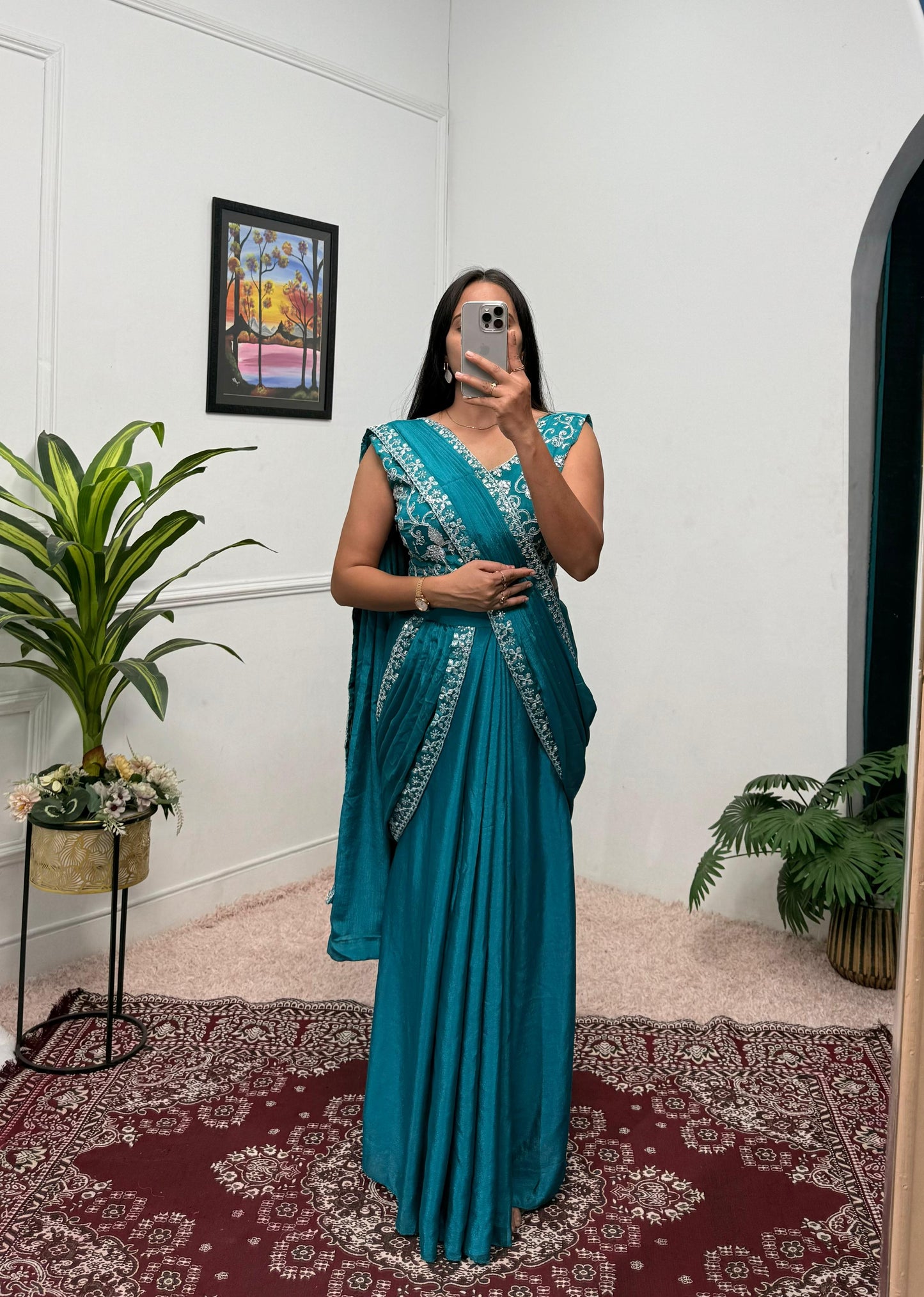 Indowestern pre draped wedding wear Readymade Indian saree with stitched blouse