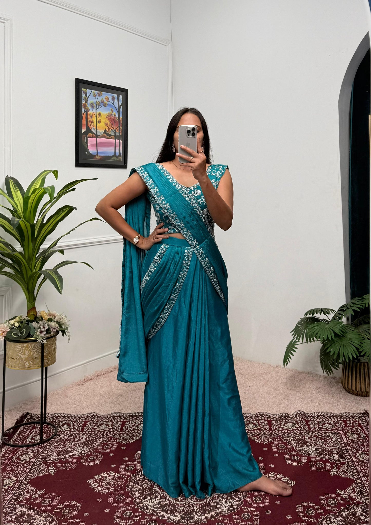 Indowestern pre draped wedding wear Readymade Indian saree with stitched blouse