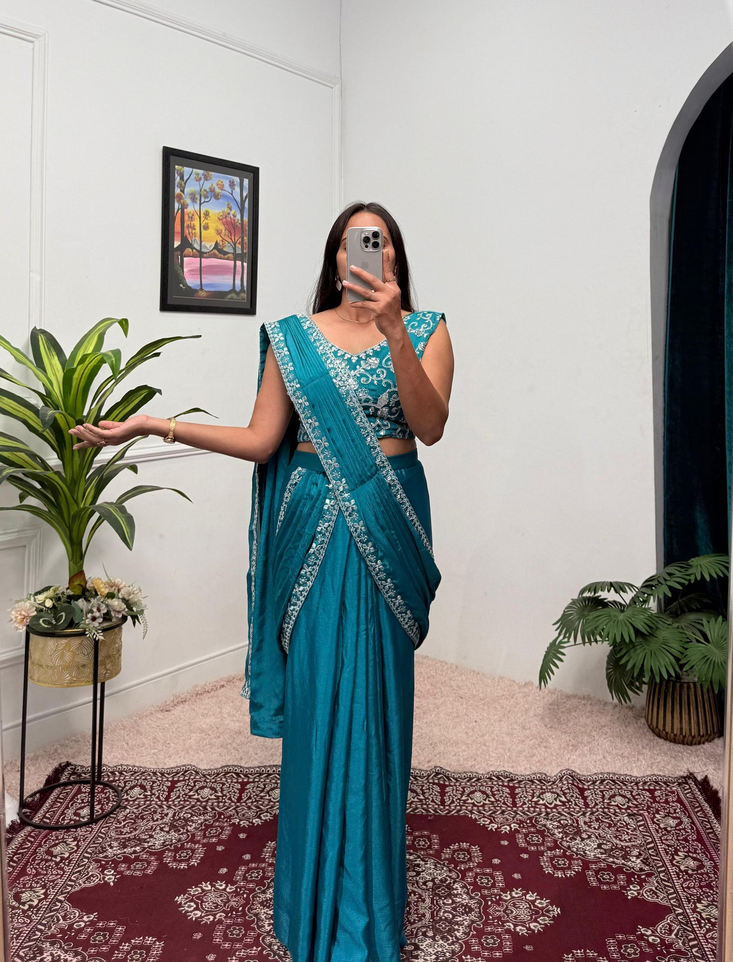 Indowestern pre draped wedding wear Readymade Indian saree with stitched blouse