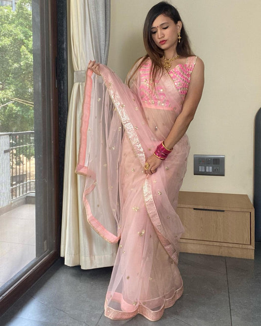 Pink net saree with stitched blouse for wedding ready to wear saree