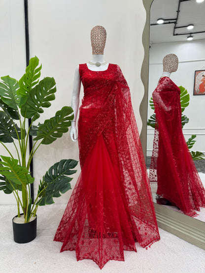 Red Wedding wear premium saree with blouse Readymade Festival partywear saree