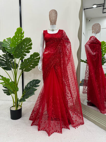 Red Wedding wear premium saree with blouse Readymade Festival partywear saree