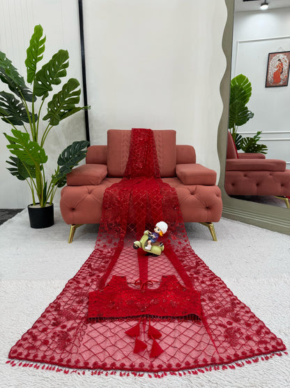 Red Wedding wear premium saree with blouse Readymade Festival partywear saree