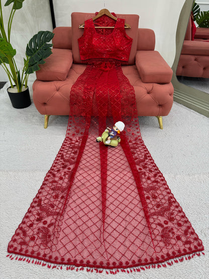 Red Wedding wear premium saree with blouse Readymade Festival partywear saree