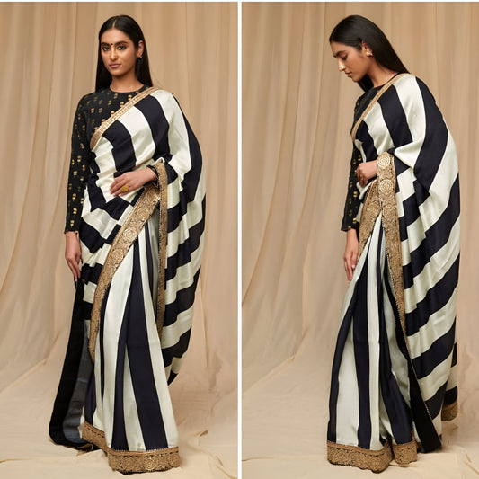 Black and white Ready To Wear indian wedding Designer saree with stitched blouse