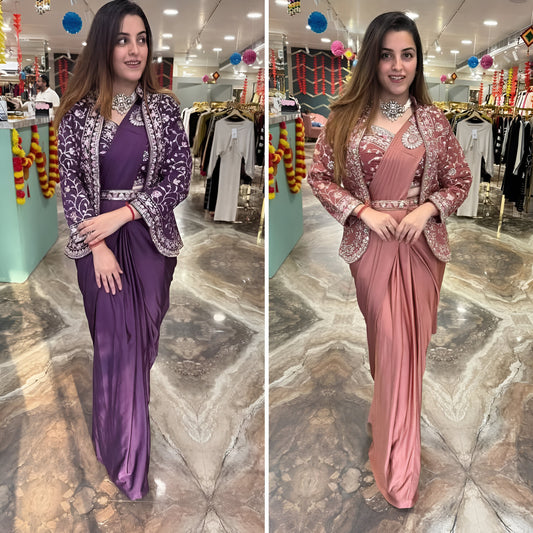 Indowestern Readymade Designer Partywear sarees with koti stitched blouse New Ready To Wear Saree